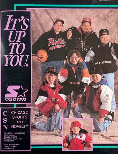 Vintage Starter Chicago Sports and Novelty advertisement with children wearing sports-themed clothing.