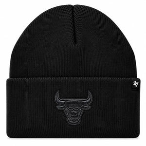 A black ribbed knit beanie hat featuring an embossed Chicago Bulls logo on the front cuff and a small '47 brand tag on the side, shown against a plain white background.