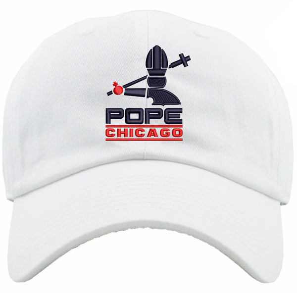 White cap with 'Pope Chicago' logo on a white background