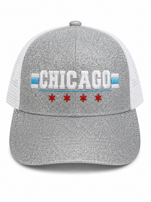 Chicago Glitter Flag Trucker Hat (D) - Grey