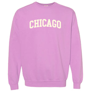 Chicago Soft As A Grape Ladies Garment Wash With Felt Letters Sweatshirt -Pastel Lavender (D)