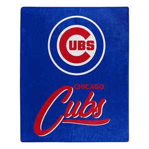 A rectangular blue Chicago Cubs blanket or throw featuring the team logo and script name in red and white, shown flat against a plain white background.