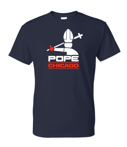 Navy blue t-shirt with 'Pope Chicago' graphic design on a white background
