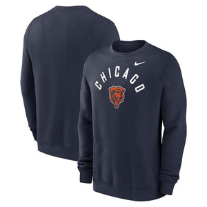 A navy blue Nike Chicago Bears crewneck sweatshirt shown from both front and back views. The front features a white Nike swoosh and the word 'CHICAGO' in white arched above the team's orange and white bear logo.