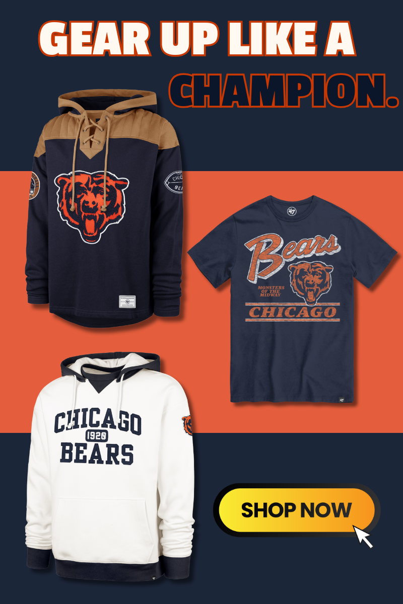 Chicago Bears merchandise including hoodies and t-shirt on an orange and navy background with 'Shop Now' button.