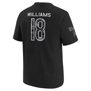 A black short-sleeve t-shirt shown from the back, featuring the name 'WILLIAMS' and the number '18' printed in white and gray camouflage. A small white graphic is visible on the right sleeve.