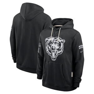 A black Nike Chicago Bears pullover hoodie shown from both front and back angles. The front features a large white and gray bear head graphic on the chest, white drawstrings, a kangaroo pocket, and sleeve patches including a Nike swoosh.