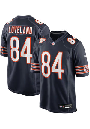 A navy blue Chicago Bears jersey shown from both front and back. The front features the number 84 in white with an orange outline, and the back shows 'LOVELAND' above the number 84.