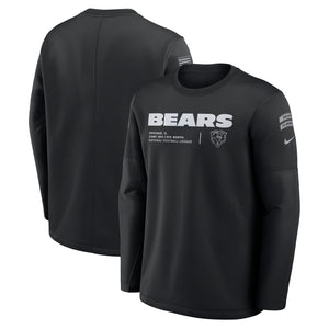 A black long-sleeve Chicago Bears Nike performance t-shirt shown from both the front and back angles against a plain white background.
