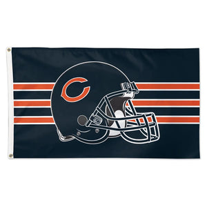 Chicago Bears NFL flag featuring a large football helmet graphic in navy, orange, and white, with three orange and white horizontal stripes on a navy background.