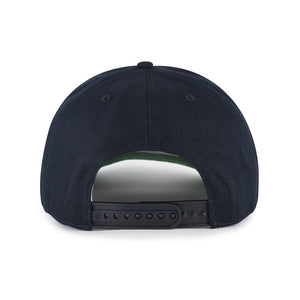 Rear view of a dark navy blue snapback cap on a solid white background.