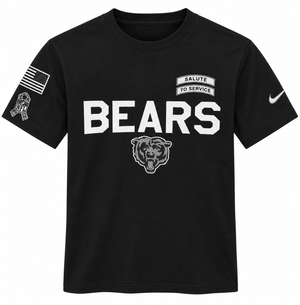 A black short-sleeve t-shirt with 'BEARS' and a bear head graphic printed in white on the front, featuring a 'Salute to Service' ribbon on the left chest and a Nike swoosh on the right sleeve.