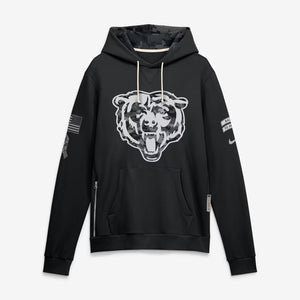 A black pullover hoodie featuring a large white graphic of a snarling bear on the chest, with a kangaroo pocket, drawstring hood, and sleeve details, shown against a light gray background.