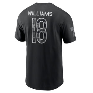 Black short-sleeve t-shirt shown from the back, featuring 'WILLIAMS' and the number '18' in white and gray camouflage print, on a solid white background.