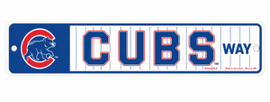 A Chicago Cubs themed novelty street sign featuring the team logo on the left, the word 'CUBS' in large outlined letters, and 'WAY' on the right, with a blue pinstripe background.