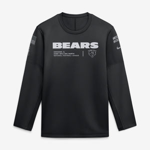 A black long-sleeve athletic shirt with 'BEARS' printed in bold white letters across the chest, along with Chicago Bears National Football League text and a bear head logo. A white Nike swoosh is visible on the right sleeve.