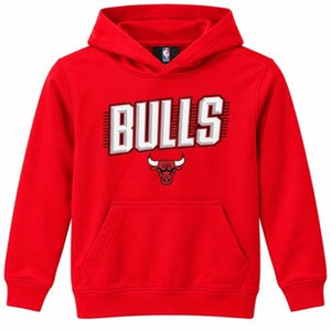 A red pullover hoodie featuring the word 'BULLS' in white with a black outline and the Chicago Bulls logo underneath, shown on a plain white background.
