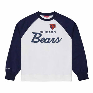 A Chicago Bears raglan crewneck sweatshirt with a white body, navy blue sleeves, and a navy blue 'Chicago Bears' graphic on the chest, displayed on a clean white background.