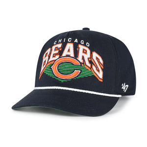 A navy blue Chicago Bears baseball cap by '47, featuring a large embroidered front logo with orange, white, and green details, and a white '47 brand logo on the side.