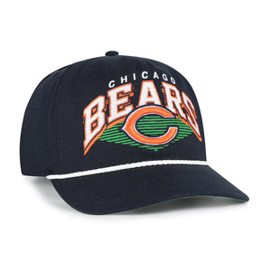 A navy blue Chicago Bears baseball cap with 'CHICAGO BEARS' embroidered on the front in white and orange, featuring the team's 'C' logo in orange and green, and a white stripe across the brim.