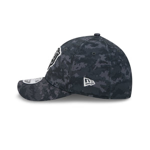Black baseball cap with a logo on a white background