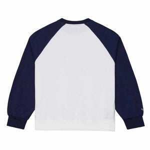 A long-sleeve raglan sweatshirt shown from the back, featuring a solid white back panel and navy blue sleeves, collar, and cuffs.