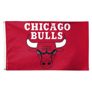 Chicago Bulls flag featuring the team's red background, white 'CHICAGO BULLS' text, and the bull logo in the center, with a white hanging sleeve and grommets on the left.
