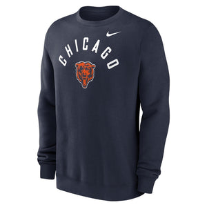 A navy blue crewneck sweatshirt featuring the Chicago Bears logo and 'CHICAGO' text on the front, with a white Nike swoosh on the upper chest, set against a plain white background.